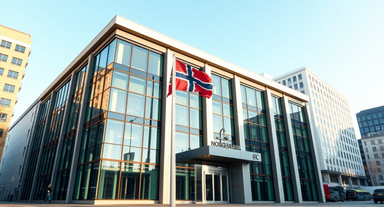 Norges Bank headquarters in Oslo representing the central bank's monetary policy decisions affecting the Norwegian krone.