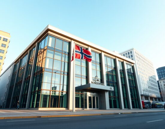Norges Bank headquarters in Oslo representing the central bank's monetary policy decisions affecting the Norwegian krone.