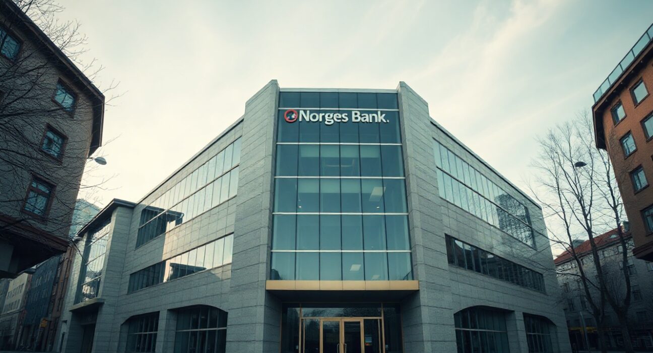 Norges Bank headquarters in Oslo, Norway, on an overcast day