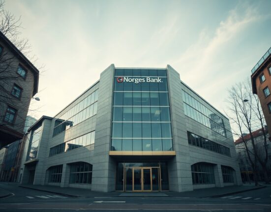 Norges Bank headquarters in Oslo, Norway, on an overcast day