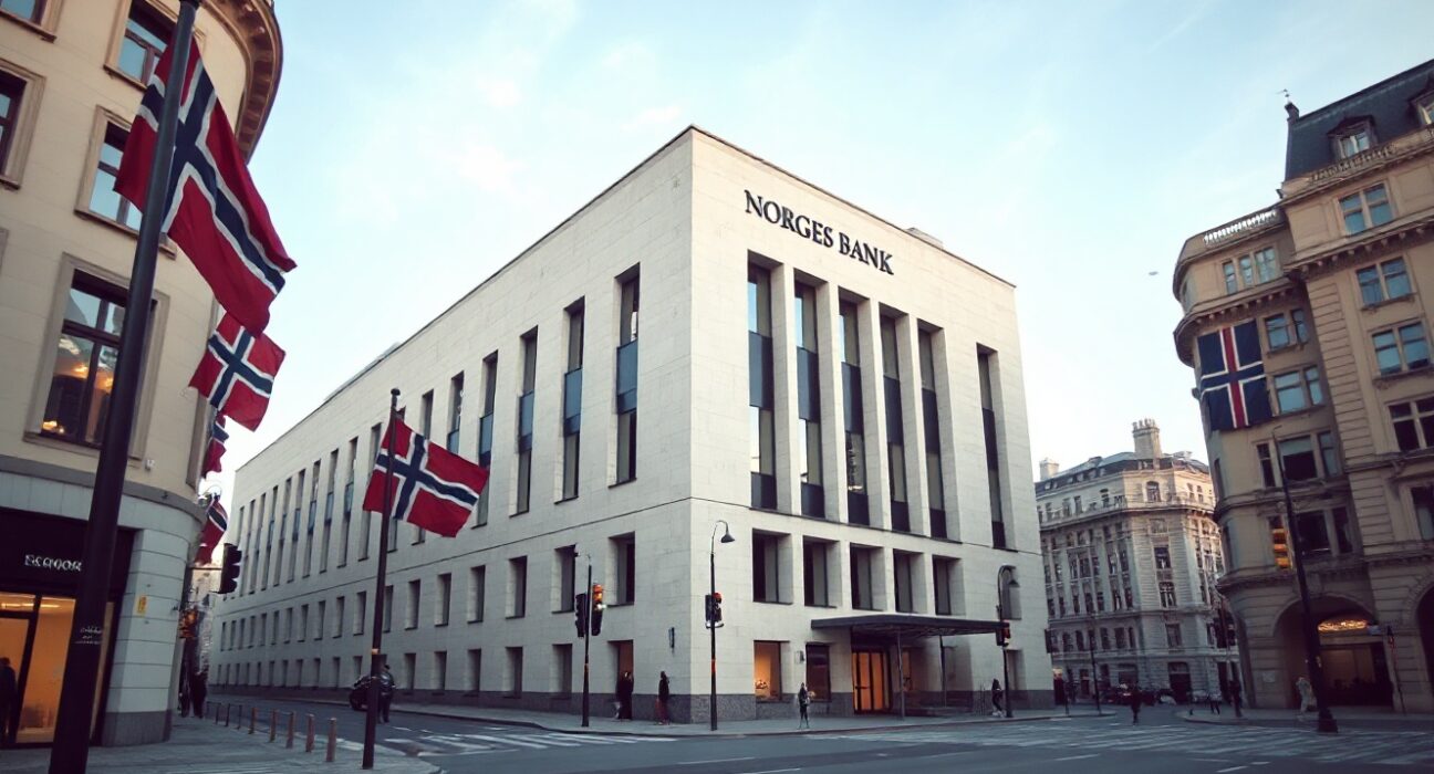 Norges Bank headquarters in Oslo, Norway, where the central bank held its key policy rate at 4.25%.