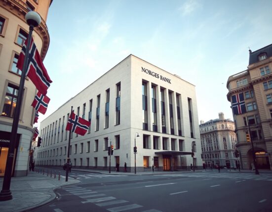 Norges Bank headquarters in Oslo, Norway, where the central bank held its key policy rate at 4.25%.