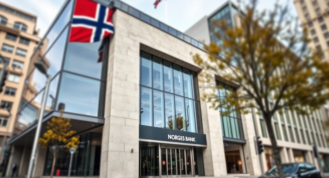Norges Bank headquarters in Oslo where monetary policy decisions affecting the Norwegian krone are made
