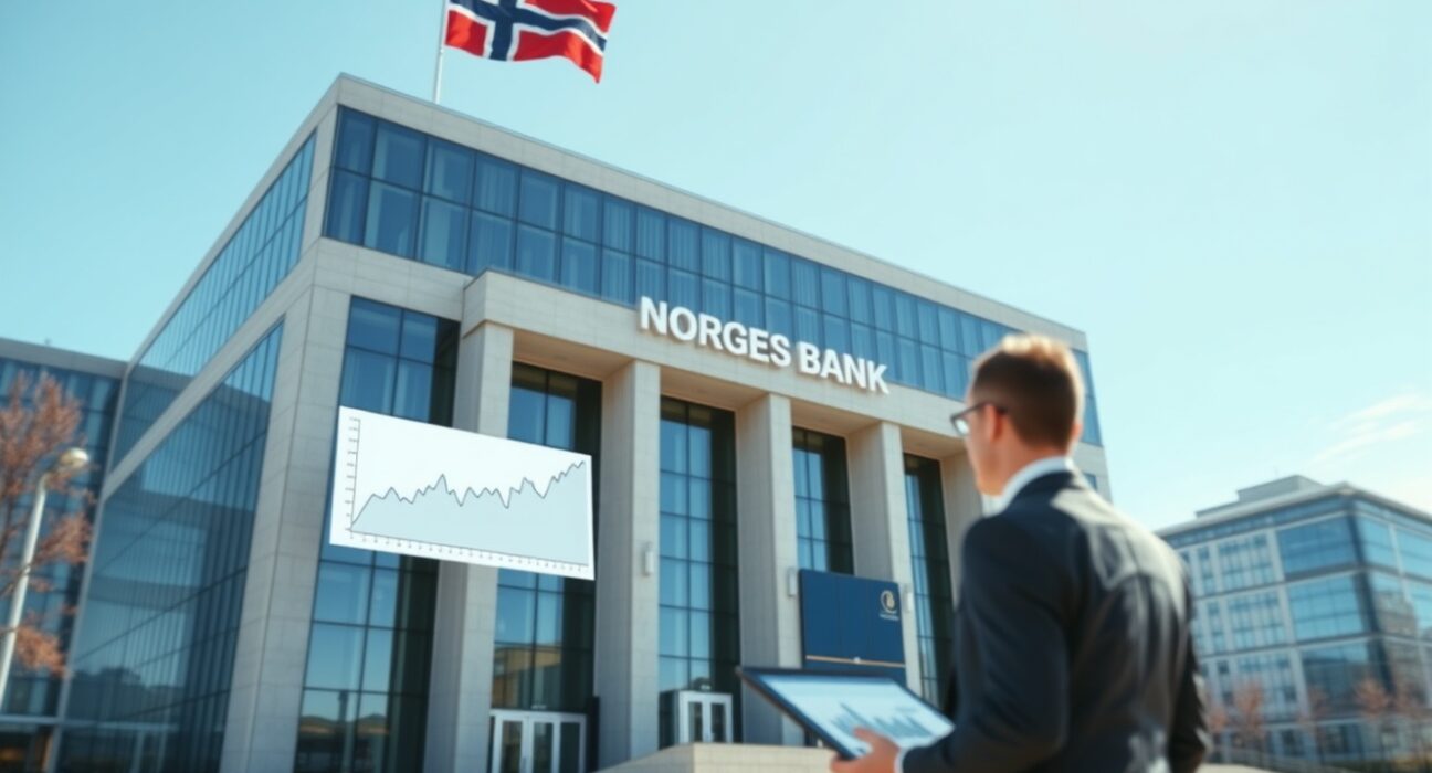 Norges Bank headquarters with analyst reviewing economic data on market repricing and inflation risks