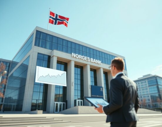 Norges Bank headquarters with analyst reviewing economic data on market repricing and inflation risks