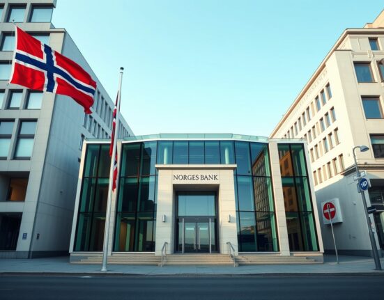 Norges Bank headquarters in Oslo, representing the central bank's monetary policy decision.
