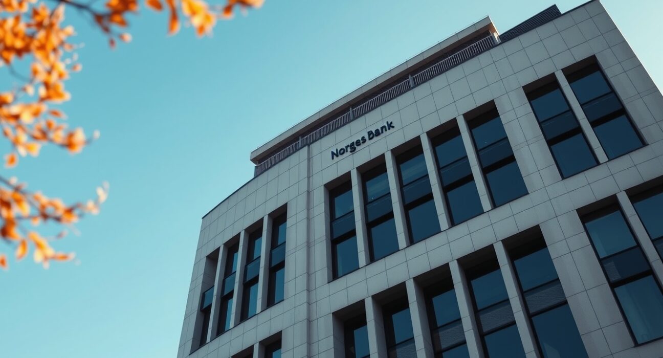 Exterior of Norges Bank headquarters in Oslo, Norway, on a clear day.