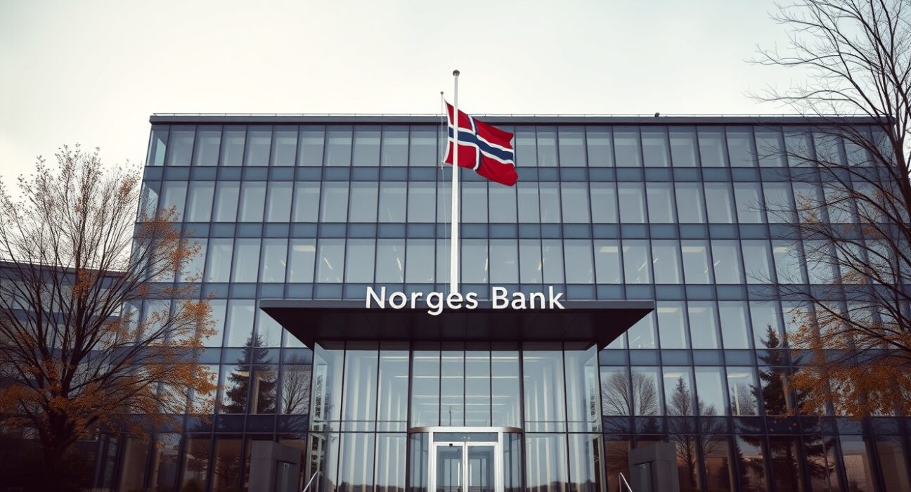 Norges Bank headquarters in Oslo on a cloudy day, representing monetary policy decision.