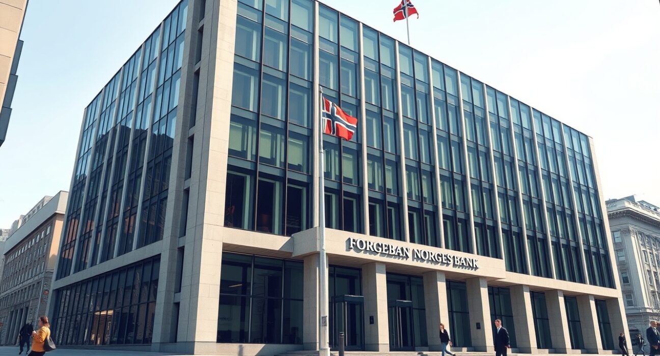 Norges Bank headquarters in Oslo where monetary policy decisions strengthen the Norwegian Krone