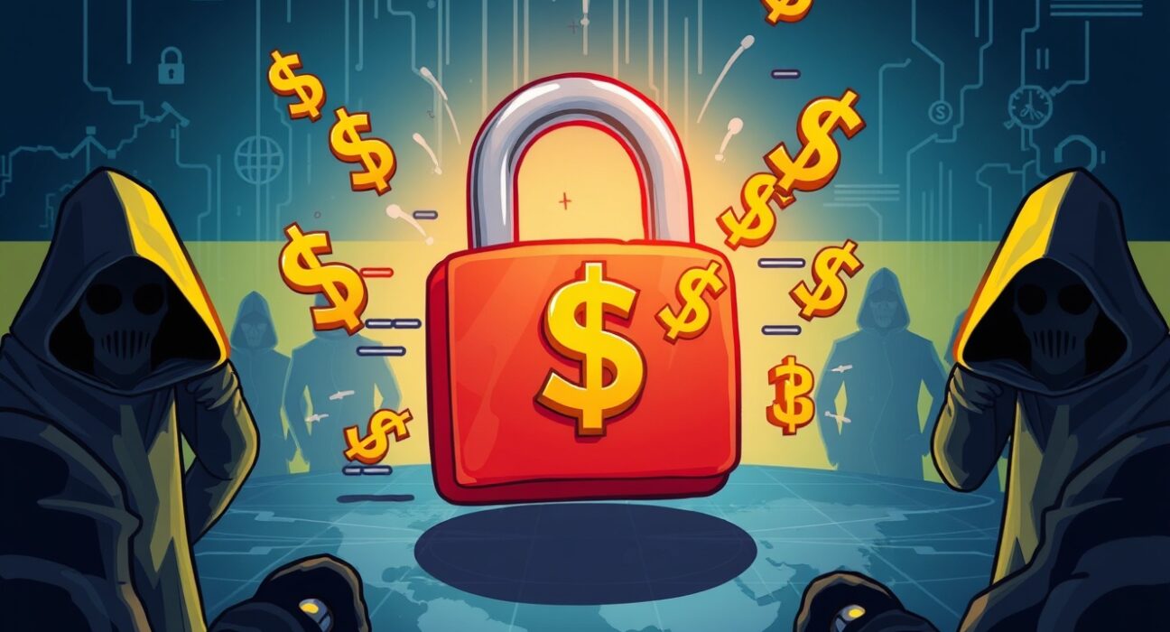 A cartoon illustration of a digital lock under attack, symbolizing the growing threat of a North Korea crypto hack to blockchain security.