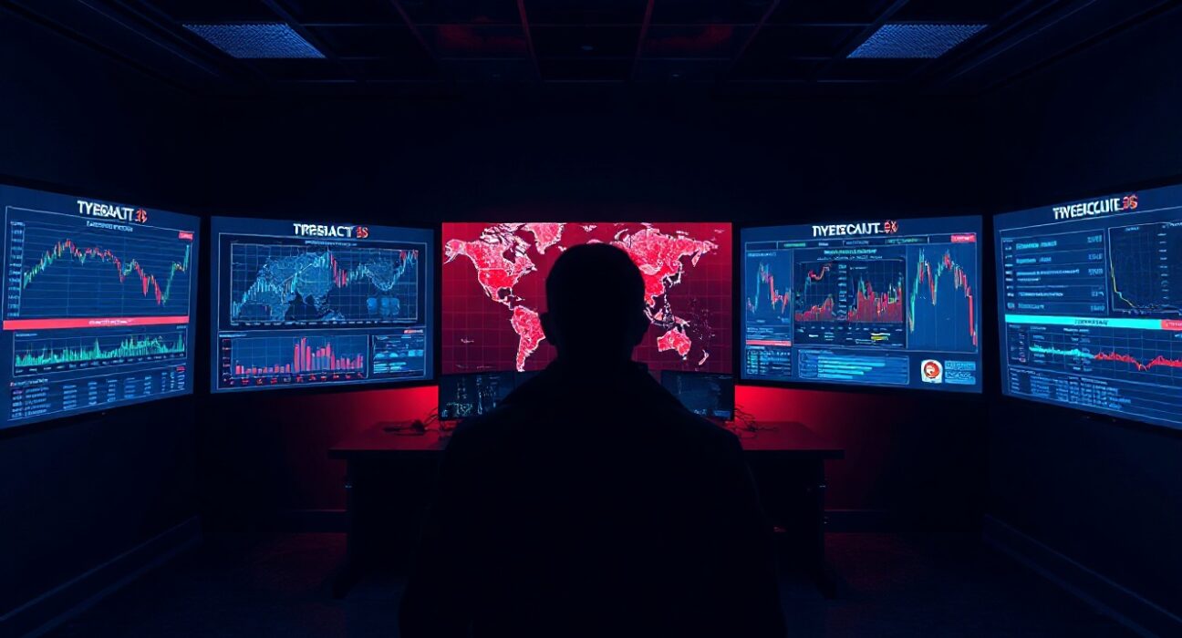 Cyber analysts monitoring cryptocurrency transaction data in a dark operations center