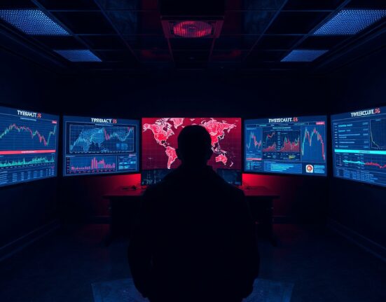 Cyber analysts monitoring cryptocurrency transaction data in a dark operations center