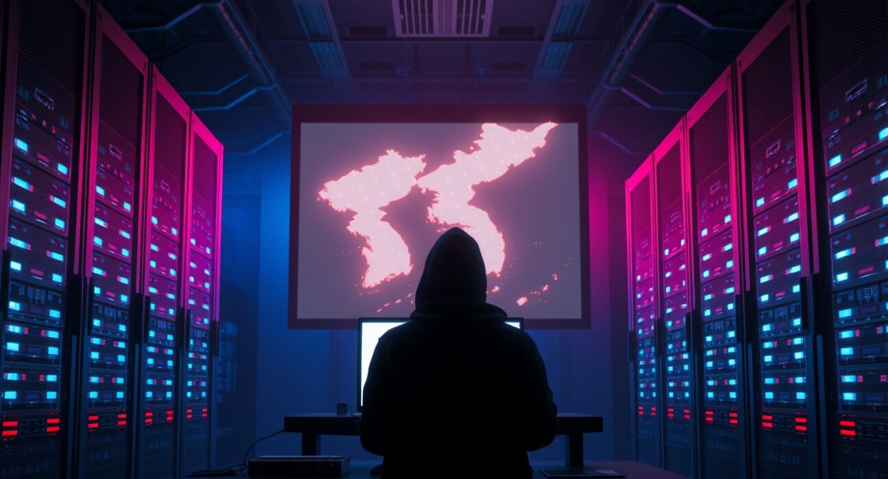 North Korea denies crypto hack allegations as a cybersecurity expert monitors a digital map of the Korean Peninsula in a server room.
