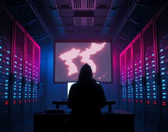 North Korea denies crypto hack allegations as a cybersecurity expert monitors a digital map of the Korean Peninsula in a server room.