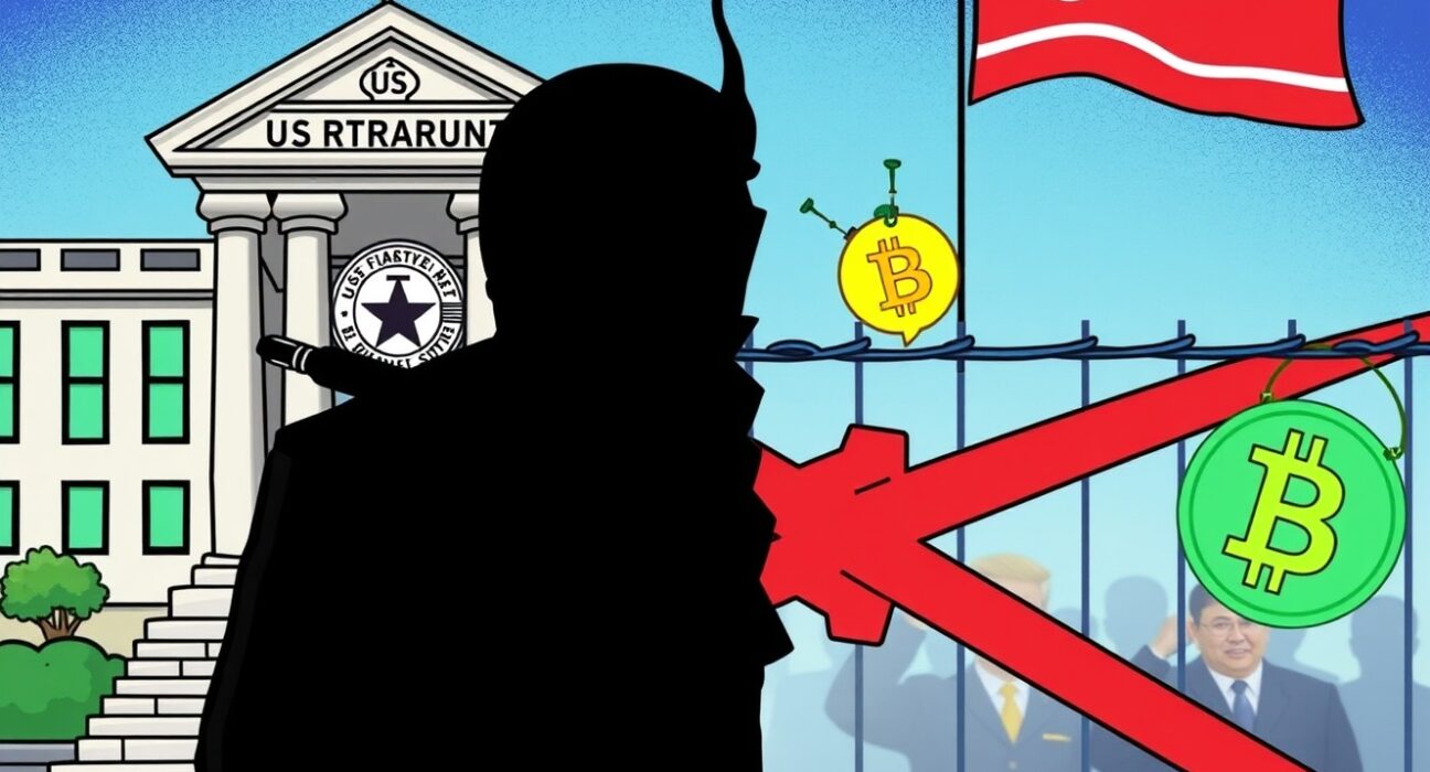 Cartoon illustrating US efforts to disrupt North Korean crypto laundering operations and illegal financing.