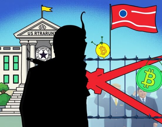 Cartoon illustrating US efforts to disrupt North Korean crypto laundering operations and illegal financing.