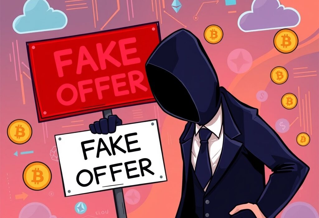 A cartoon illustration symbolizing how North Korean hackers exploit fake job offers to commit crypto theft and cybersecurity breaches.