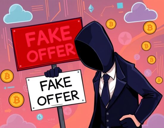 A cartoon illustration symbolizing how North Korean hackers exploit fake job offers to commit crypto theft and cybersecurity breaches.