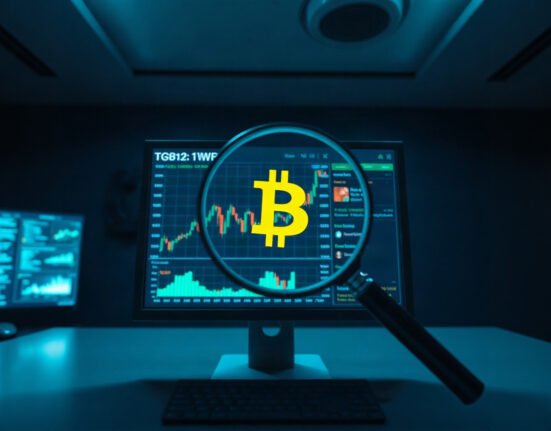 Cybersecurity analyst examining a Bitcoin transaction chart on a screen
