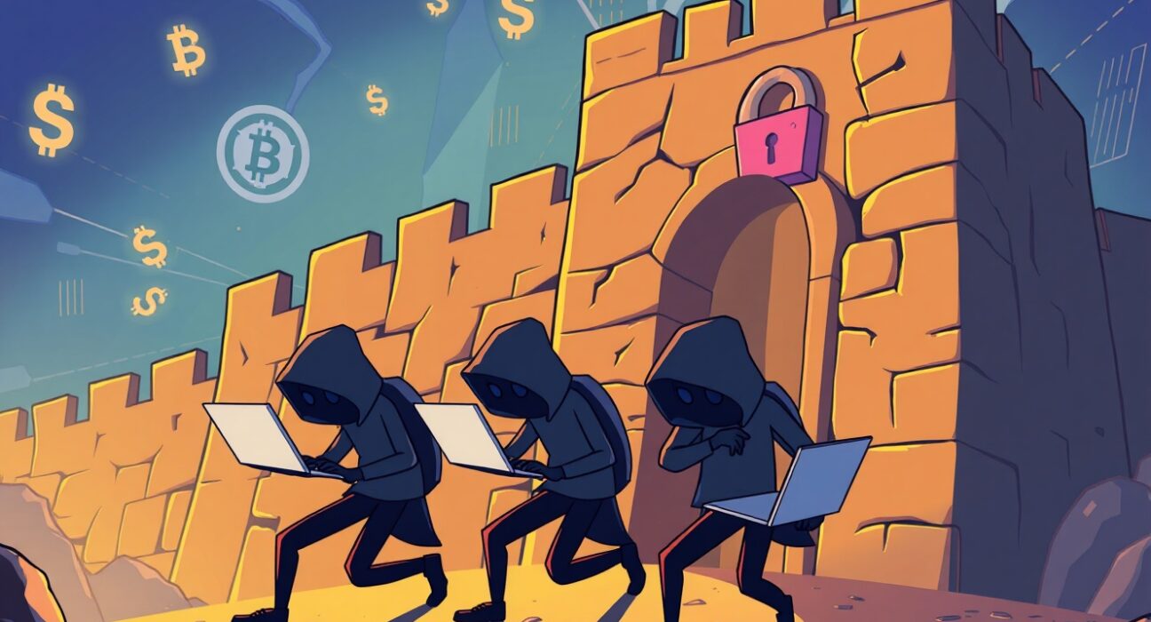 North Korean hackers breaching cryptocurrency security systems in cartoon illustration