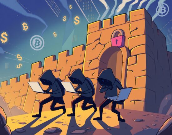 North Korean hackers breaching cryptocurrency security systems in cartoon illustration