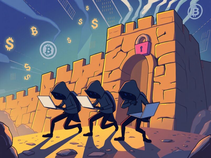 North Korean hackers breaching cryptocurrency security systems in cartoon illustration