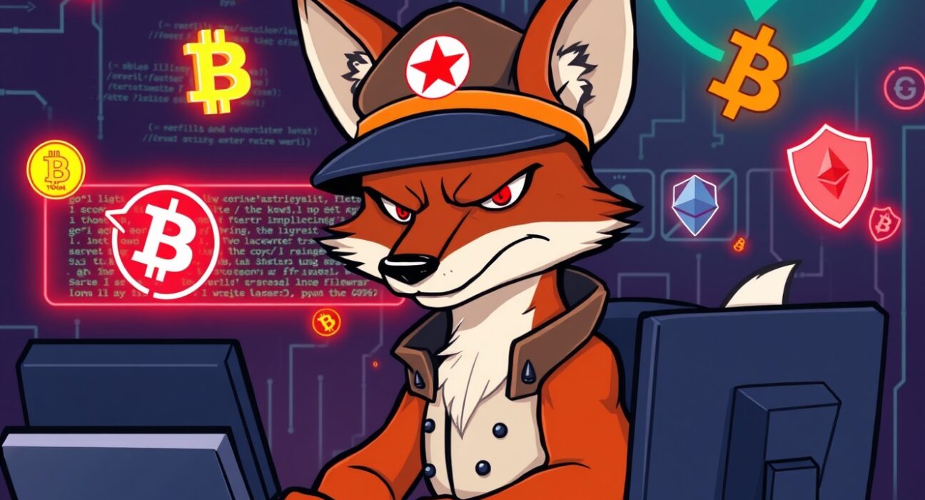 Cartoon of North Korean hackers as a sly fox stealing digital cryptocurrency coins from a computer.