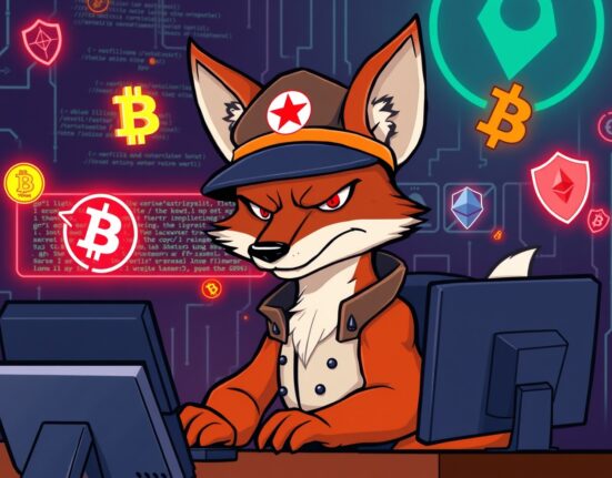 Cartoon of North Korean hackers as a sly fox stealing digital cryptocurrency coins from a computer.