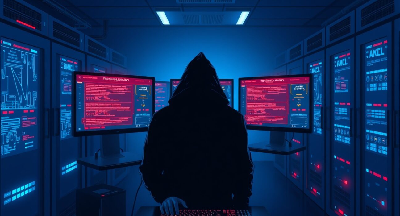 North Korean hackers stole over $577M in crypto this year, with a hooded figure typing in a dark server room filled with monitors showing blockchain data and warnings.