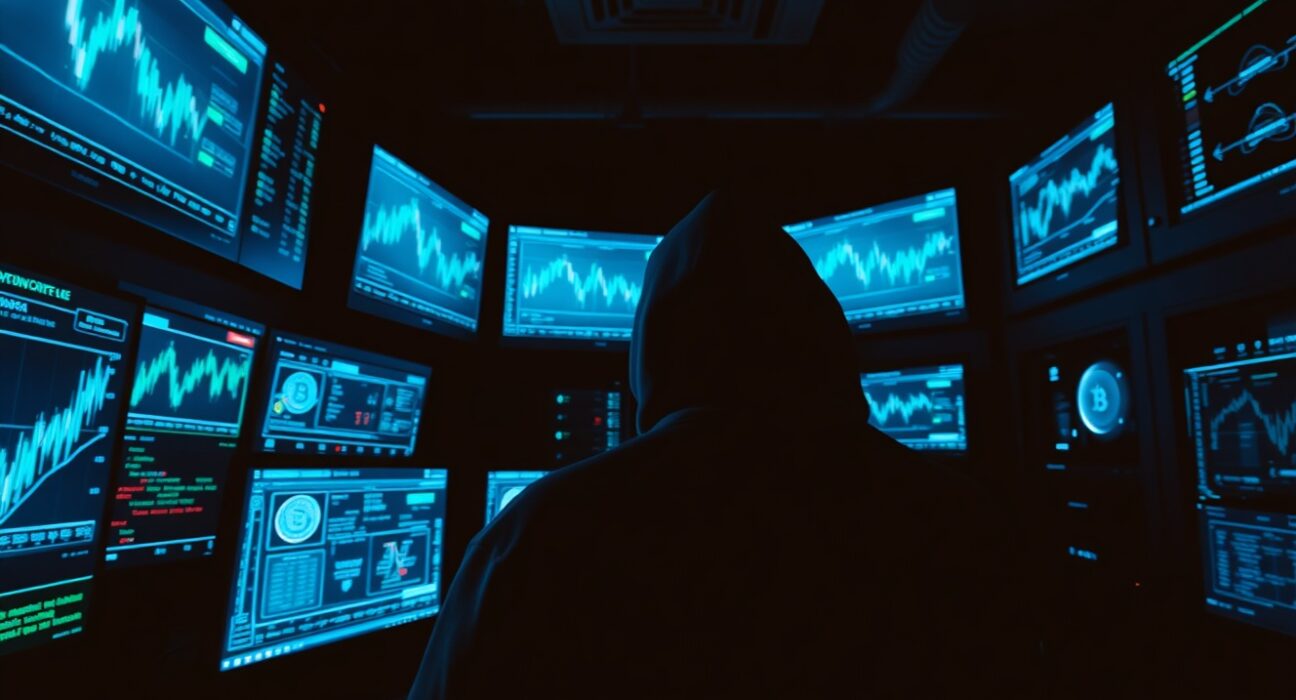 Dimly lit server room with monitors showing crypto charts and a shadowy hacker figure.