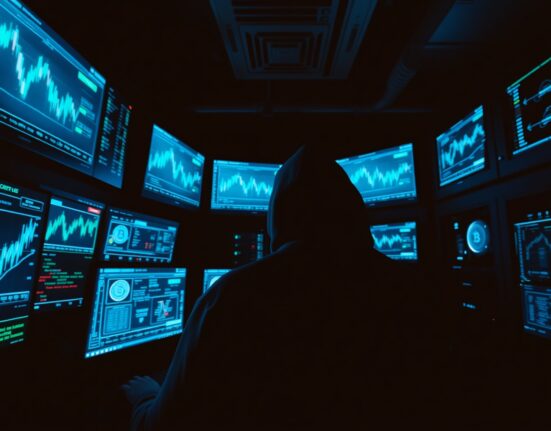 Dimly lit server room with monitors showing crypto charts and a shadowy hacker figure.