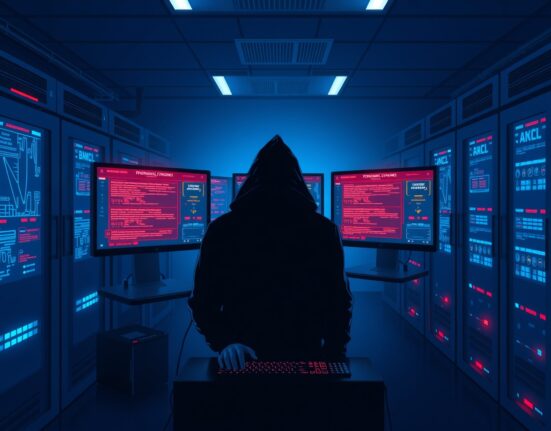 North Korean hackers stole over $577M in crypto this year, with a hooded figure typing in a dark server room filled with monitors showing blockchain data and warnings.
