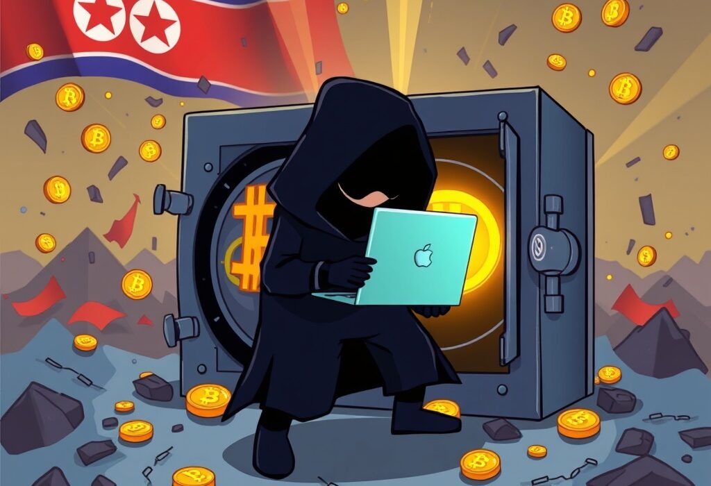 A cartoon illustration showing North Korean hackers infiltrating a digital system, symbolizing the recent $19.5M crypto theft.