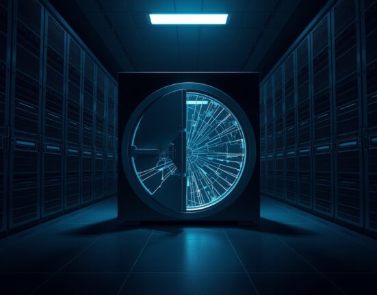 Digital vault breach representing the $15 billion DeFi outflow caused by North Korean hacks.