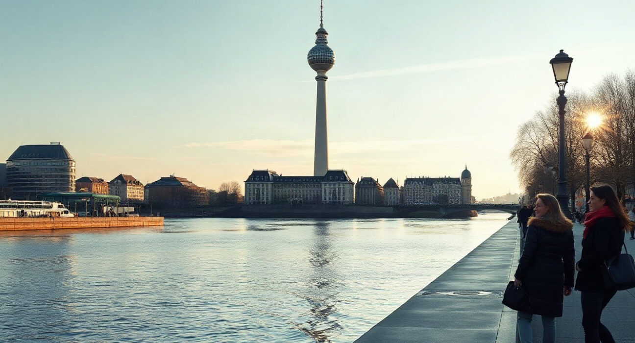 Düsseldorf skyline with Rhine Tower on a clear day, representing North Rhine-Westphalia's economic landscape.
