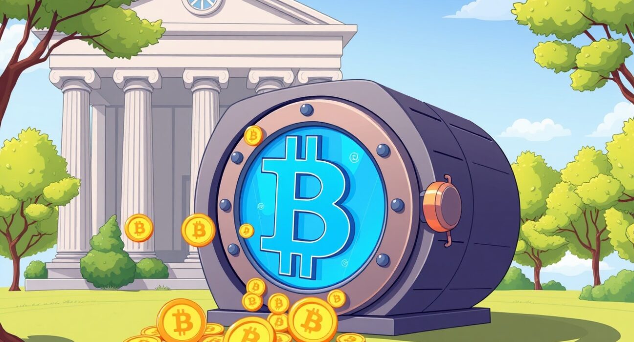 Northern Trust MicroStrategy stock investment depicted as Bitcoin flowing into a secure institutional vault.
