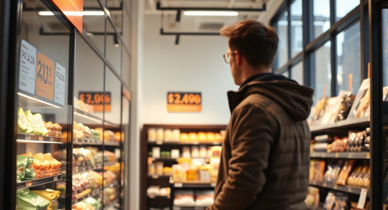 Shopper looking at prices in a Norwegian supermarket, illustrating consumer inflation.