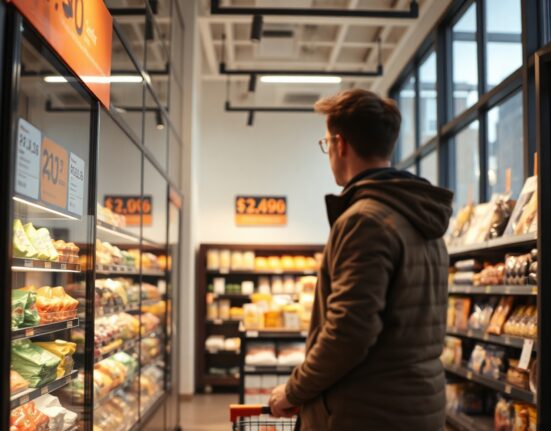 Shopper looking at prices in a Norwegian supermarket, illustrating consumer inflation.