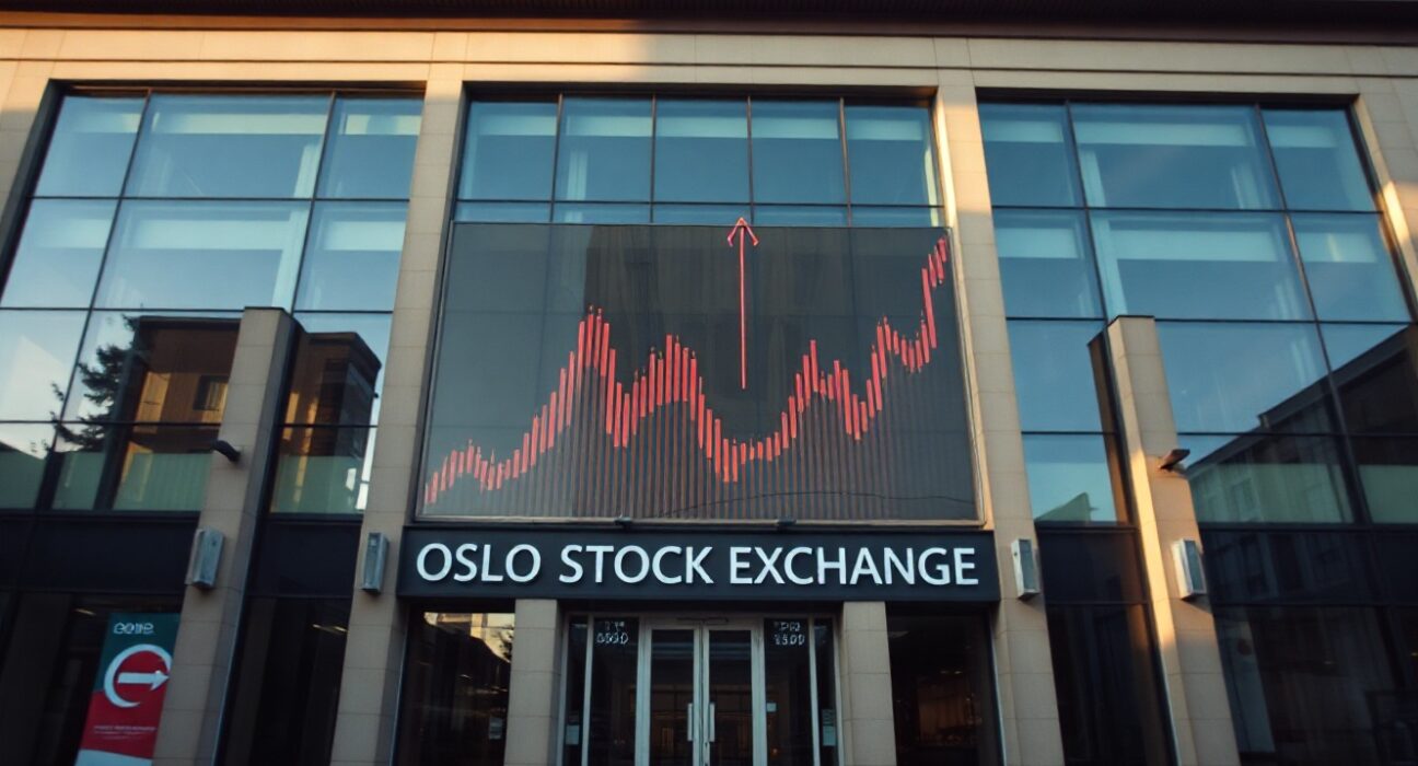 Oslo financial district building with economic charts reflected on glass, representing Norway's inflation data