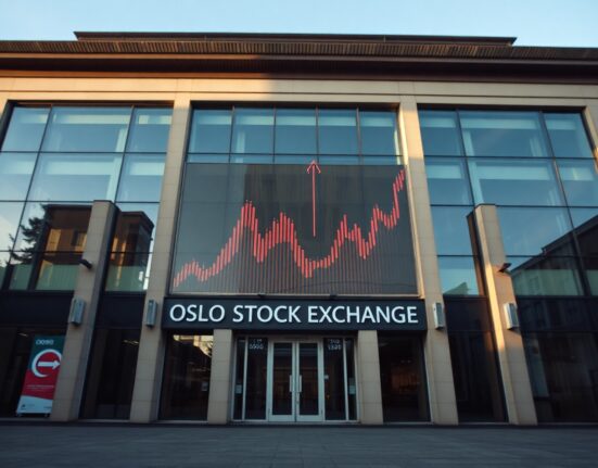 Oslo financial district building with economic charts reflected on glass, representing Norway's inflation data