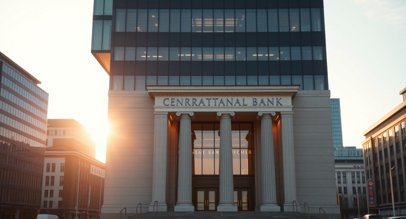 Oslo financial district with the central bank building in focus, representing Norway's credit market conditions.