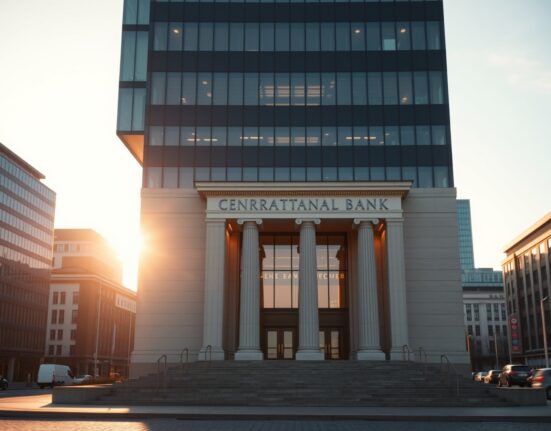 Oslo financial district with the central bank building in focus, representing Norway's credit market conditions.