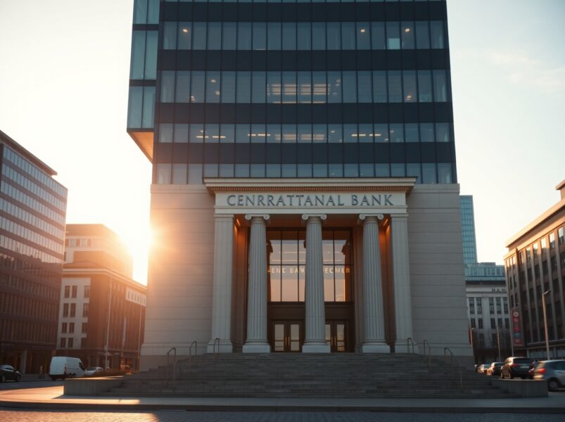 Oslo financial district with the central bank building in focus, representing Norway's credit market conditions.