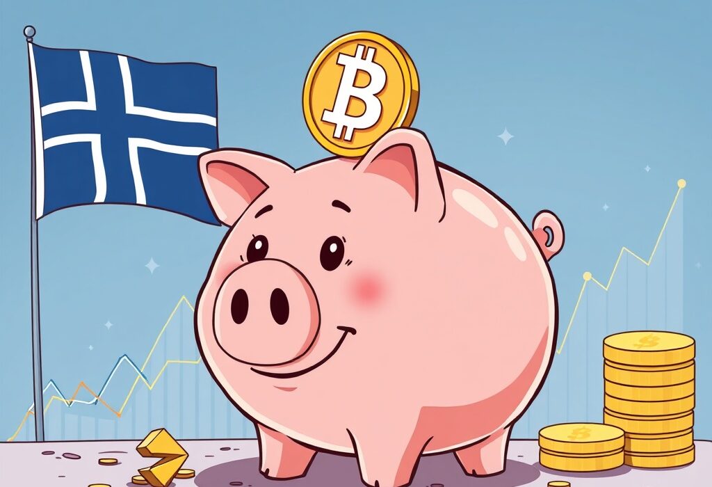 A cartoon piggy bank subtly revealing Bitcoin, symbolizing Norway wealth fund Bitcoin exposure and growing institutional adoption.