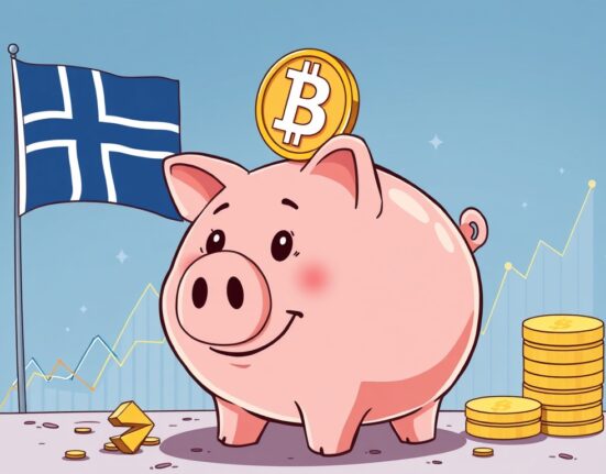 A cartoon piggy bank subtly revealing Bitcoin, symbolizing Norway wealth fund Bitcoin exposure and growing institutional adoption.