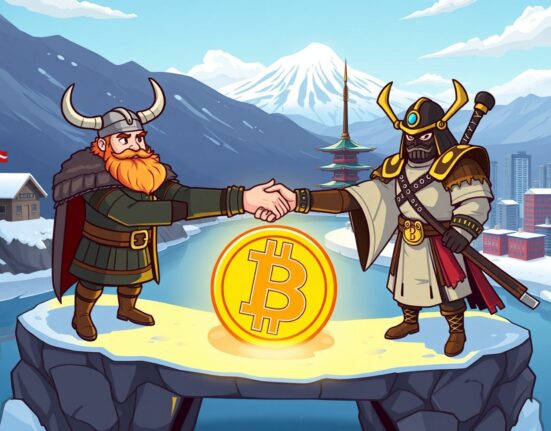 Viking and samurai unite over a Bitcoin strategy, symbolizing cross-border institutional crypto adoption.