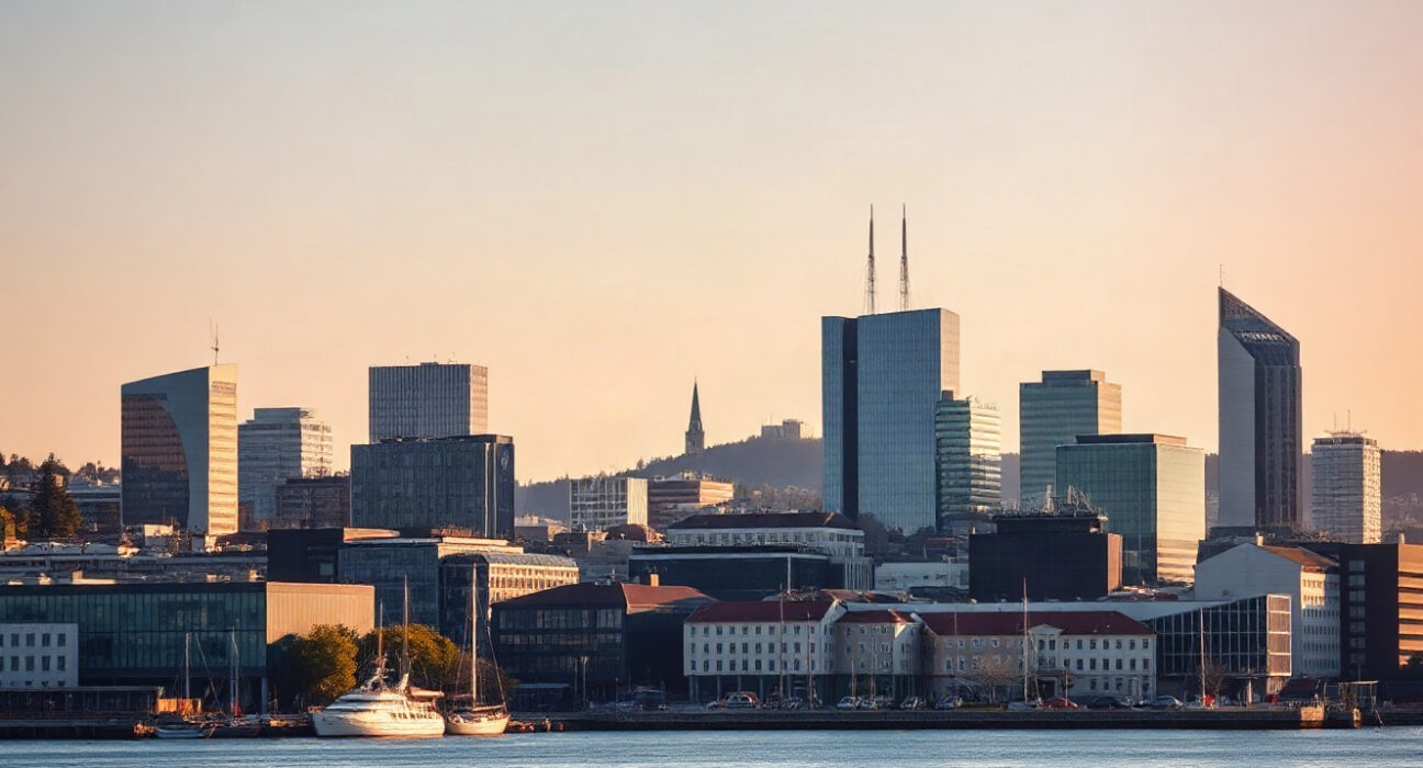 Oslo skyline at sunset reflecting economic growth in Norway
