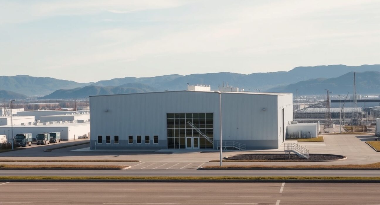 Exterior view of a modern manufacturing facility in Norway, representing industrial output trends.