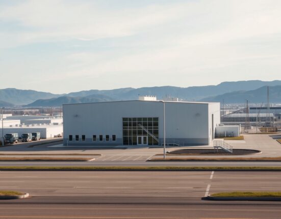 Exterior view of a modern manufacturing facility in Norway, representing industrial output trends.