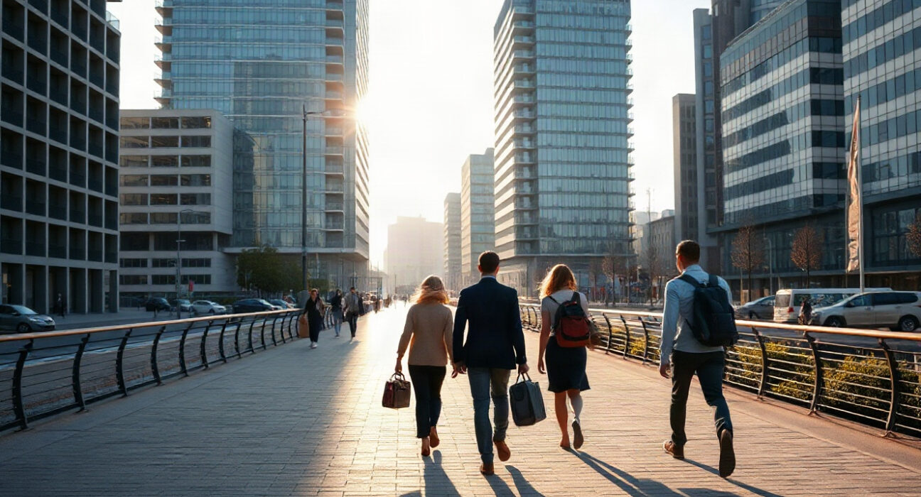 People walking to work in Oslo on a sunny August morning, with modern office buildings in the background